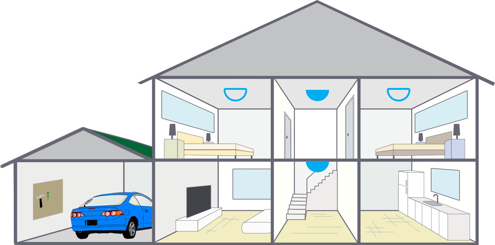 Multi-level house with cars in garage and driveway.