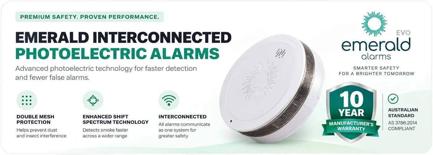 Emerald Interconnected Photoelectric Alarms — premium safety, proven performance. Double mesh protection, enhanced shift spectrum technology, interconnected alarms. 10 year manufacturer's warranty, AS 3786:2014 compliant.